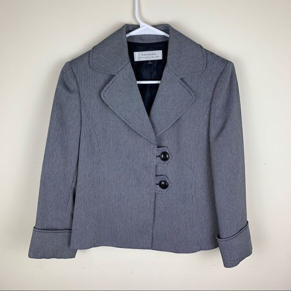 Tahari Tweed Black/White‎ Crop 2 Button Career Blazer Sz 4 - Picture 10 of 10